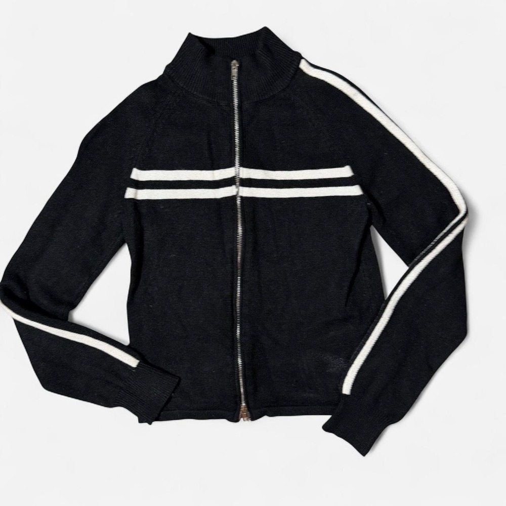 Orange Kiss Womens Black White Striped Zip Up Sweater Mock Neck Size M